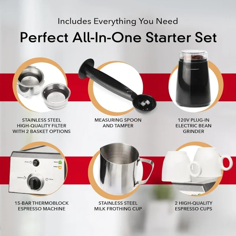 All-In-One Espresso Machine with Milk Frother 7-Piece Set -  Maker Includes Grinder, Frothing Pitcher, Cups, Spoon and Tamper