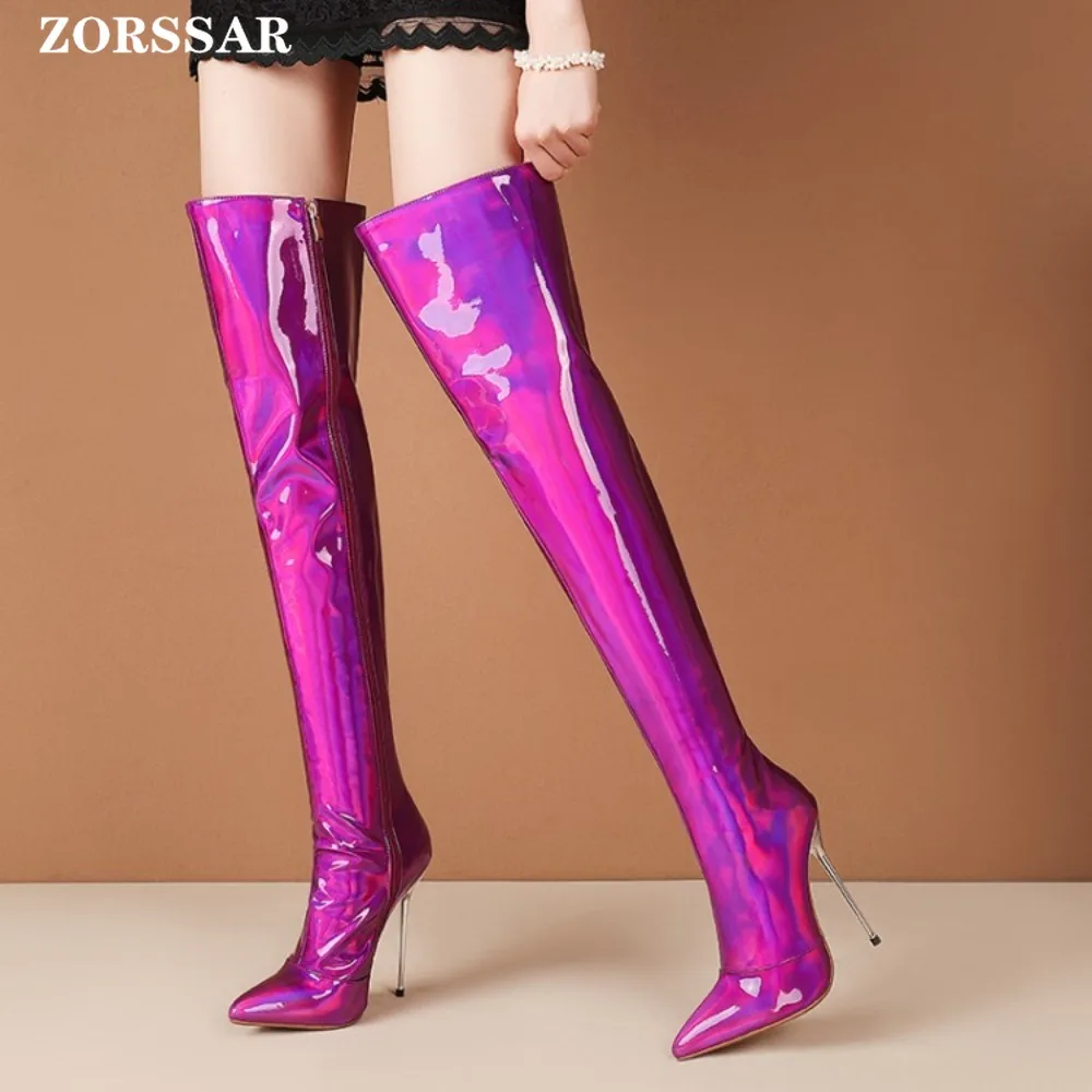 Women's Thigh High Boots Gold Purple Red Fashion OverKnees Boot Patent Sexy Zipper Nightclub Dance Lady Long Shoes Big Size 45