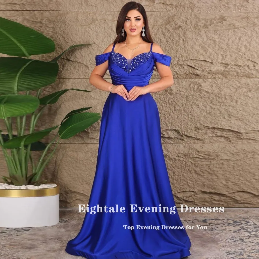 Eightale Luxurious Evening Dress Beaded with Pearls A-Line Customized Royal Blue Satin Wedding Party Gown Hochzeitspartykleid