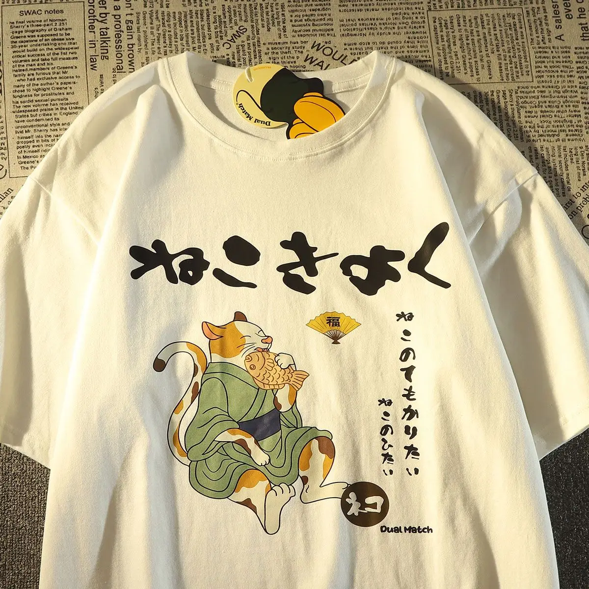 女性のためのヴィンテージカワイイキャットプリントTシャツ,ファッショナブルなユニセックスTシャツ,ルーズでカジュアルなヒップホップスタイル,半袖トップスy2k