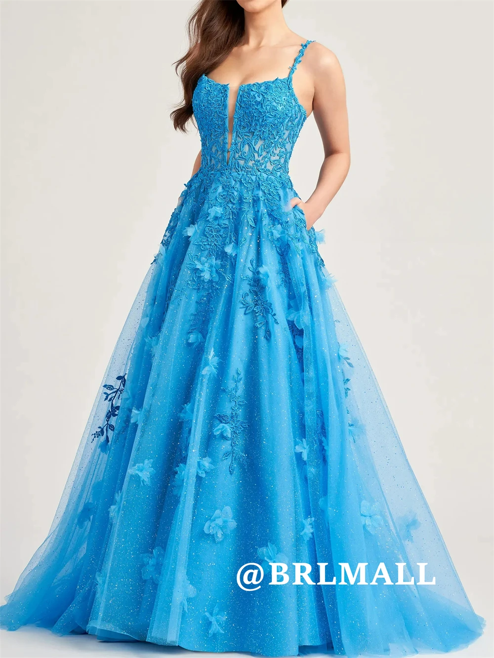 

BRLMALL Shiny Tulle Prom Dress with 3D Floral Appliques A Line Long Evening Dresses for Women 2025 Illusion Formal Party Gowns