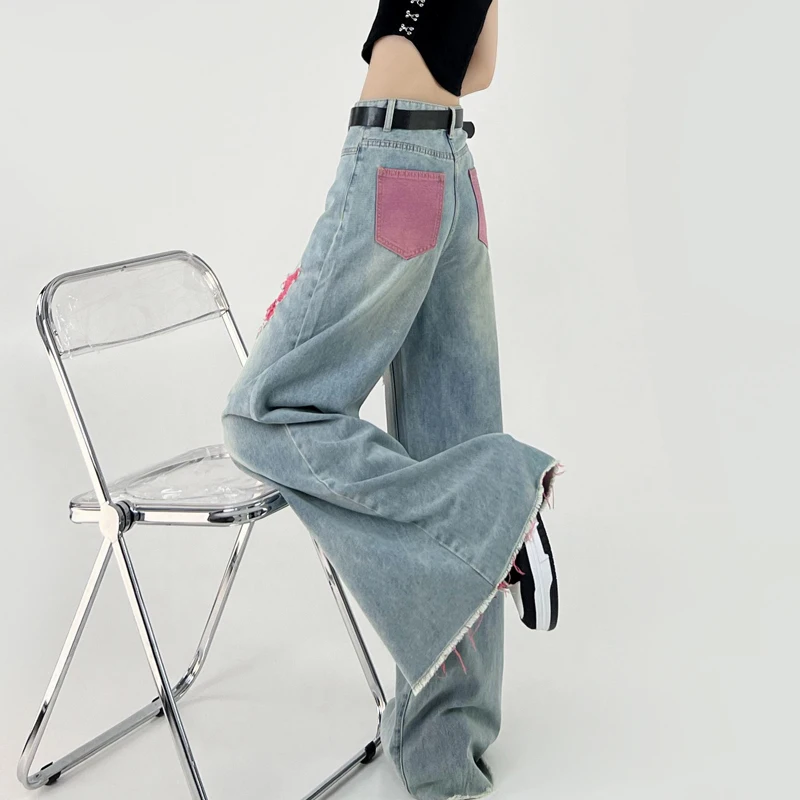 

Women Retro Blue Pants Baggy Vintage Y2k Harajuku 90s Aesthetic Pants Hollow Out High Waist Wide Leg Trouser 2000s Clothes 2023