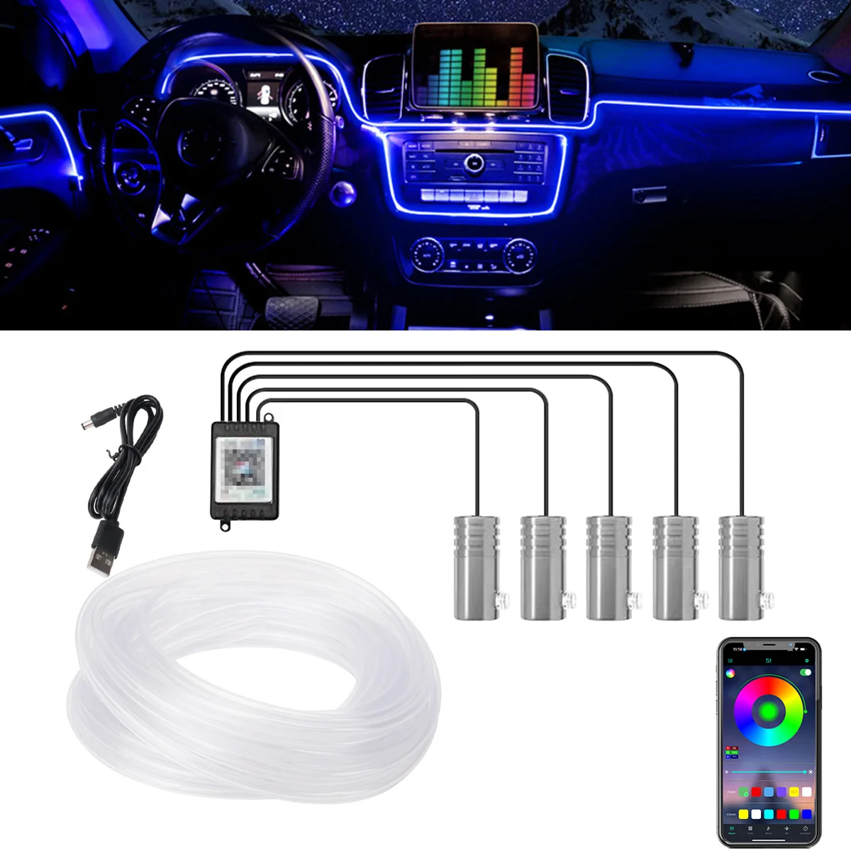 車用4-5-6in1インテリア装飾アンビエントrgb光ファイバーライトストリップusbダッシュボードネオンライトストリップアプリ制御アクセサリー
