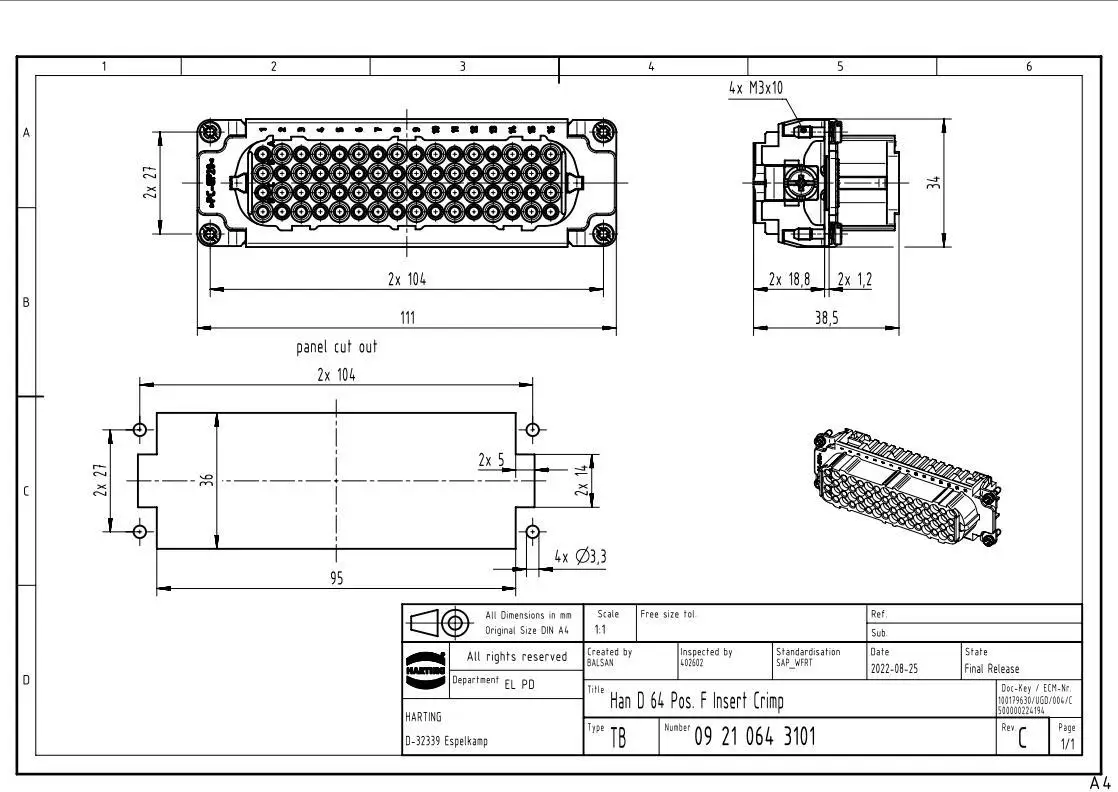 09210643101 HARTING 64Pin female heavy-duty connectors