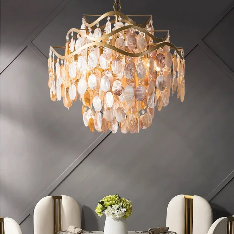 Luxury Shell Hanging Lamp for Ceiling French Living Room Pendant Light Bedroom Crystal Chandelier LED Home Decorations