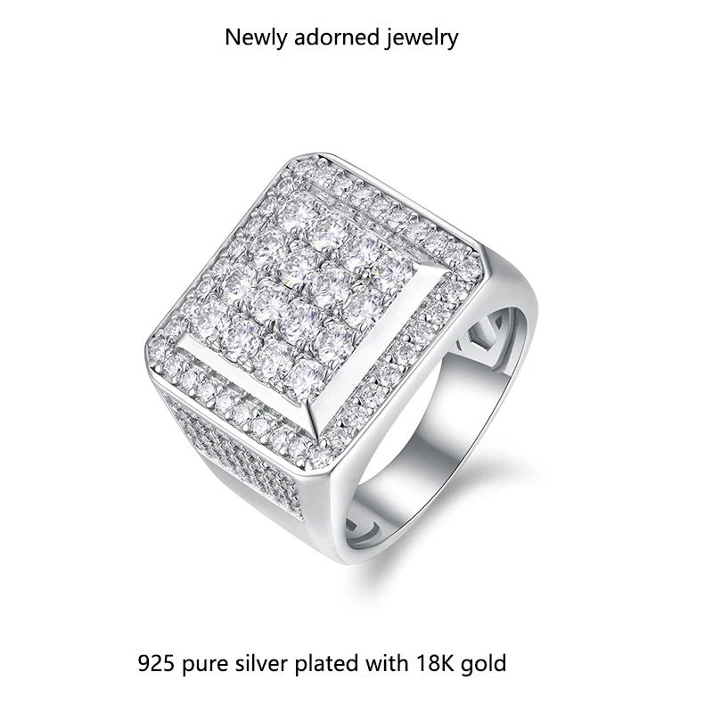 

New European-American cross-border S925 sterling silver square ring with D-color moissanite, hip-hop trendy luxury men's ring