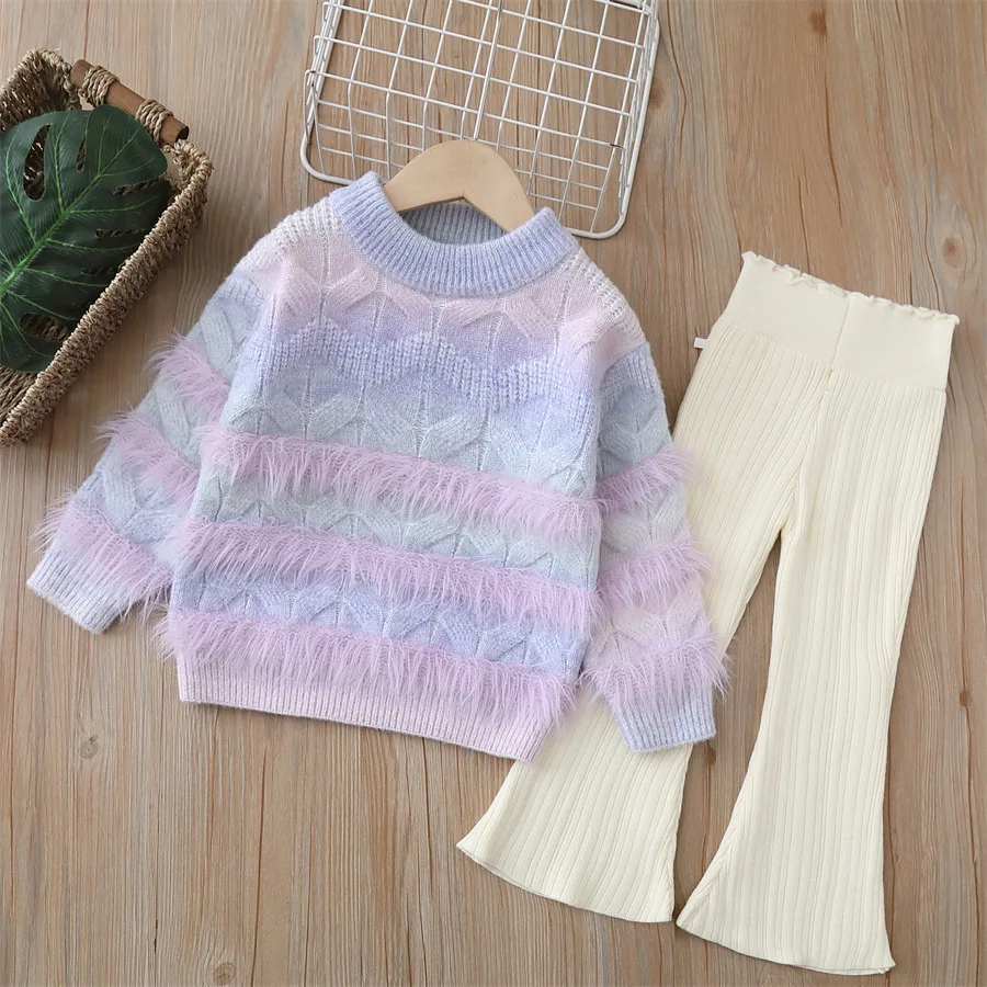 

Autumn and winter new set of girls' sweater knitted two-piece set, pink gradient fur coat and pants cute girls' set, 2-6 years
