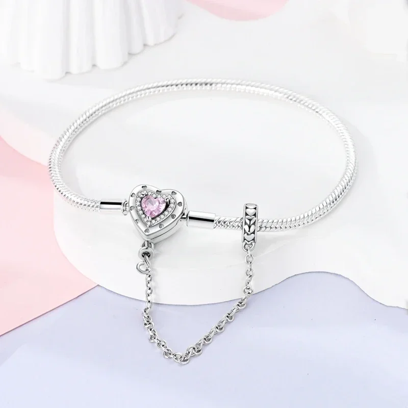 New 925 Sterling Silver Pink Heart Bracelet Shiny Zircon Fit Original Charms Bracelet DIY Jewelry Making Fine Gifts for Women
