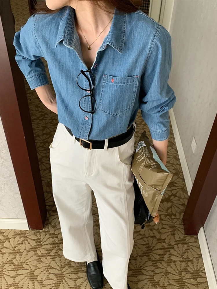 

Новая весенняя женская джинсовая рубашка с длинным рукавом, вышивкой и прямым кроем, повседневная верхняя одежда, модный кардиган-топ