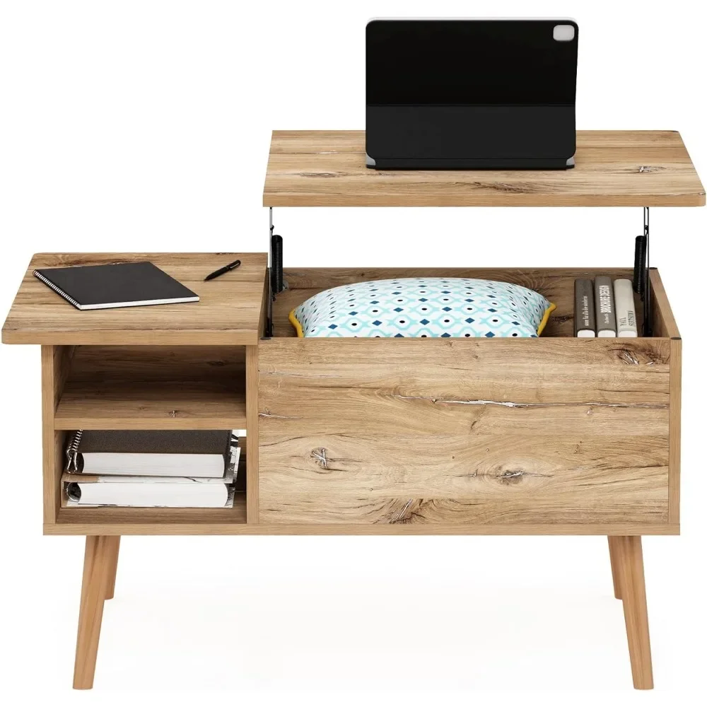 Table basse relevable en bois avec compartiment GNE et étagère de rangement latérale ouverte pour salon, chêne Flagstaff