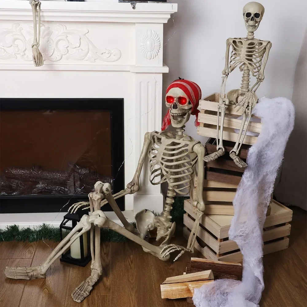 2 Pcs Halloween Skeleton Decorations,5ft & 3ft Pose-N-Stay Life Size Skeleton with Glowing Eyes,Human Bones Full Body Realistic