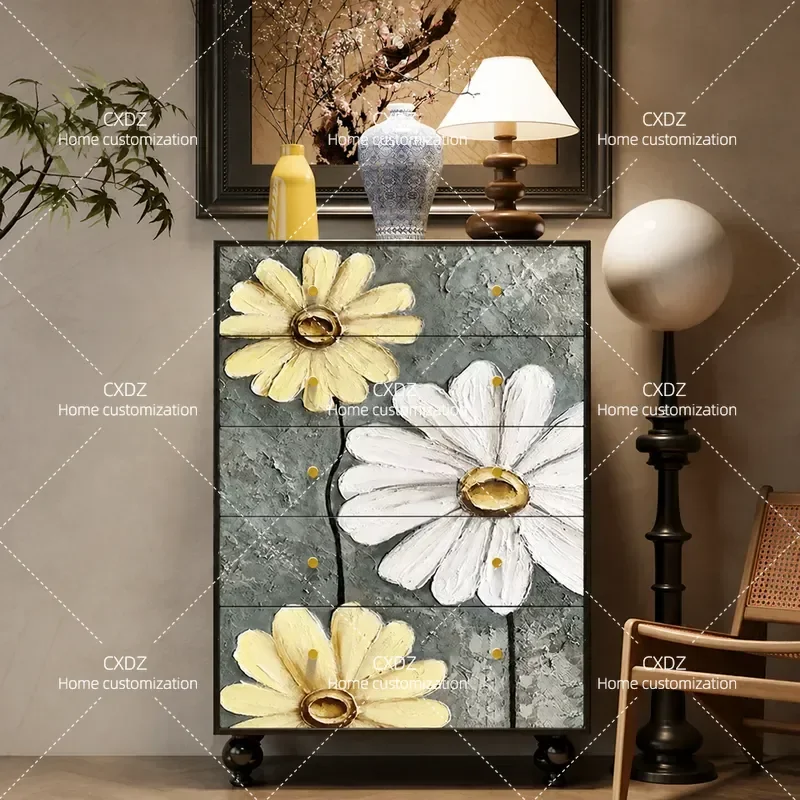 French Retro Solid Wood Chest Side Cabinet Storage Entrance Drawer Cabinet Painted Finish Home Furniture