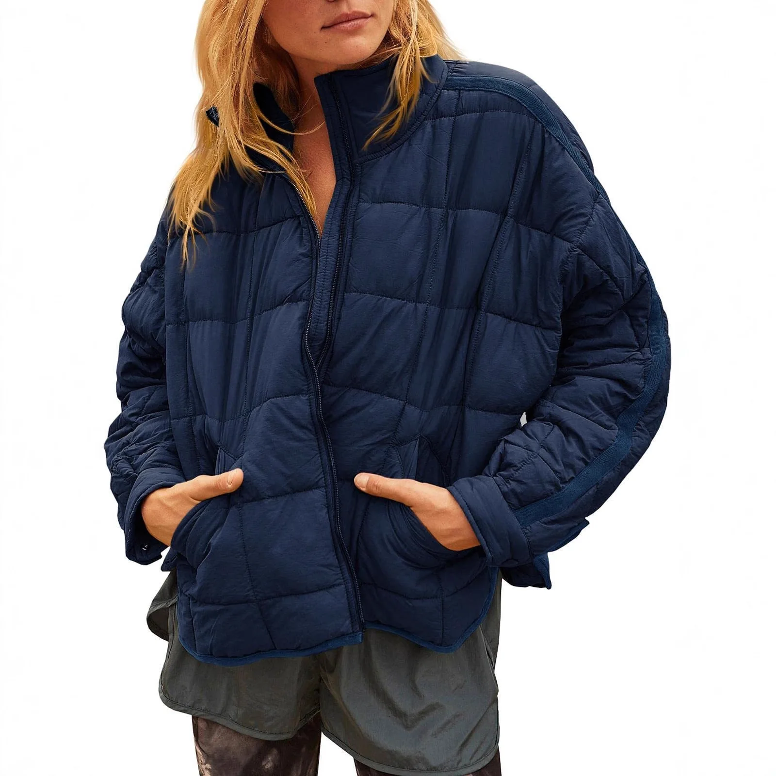 Europe and The United States Winter New Fashion Casual Solid Color Loose Stand-up Collar Zipper Padded Jacket with Pockets Women