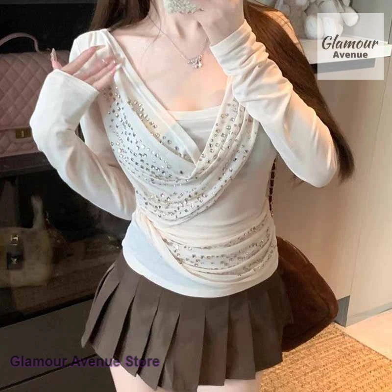 

Korea's beautiful diamond collar beautiful top women's new sweet spice girls wear casual bottoming shirts in spring and autumn.