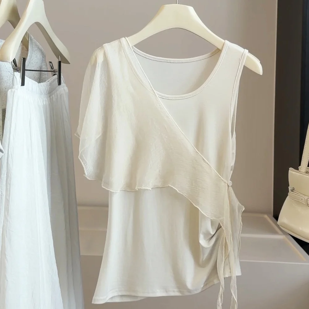 Fake Two-piece Ruffle Streamer Silk Shawl Spliced Vest Top Simple Temperament Round Neck Sleeveless T-shirt For Women