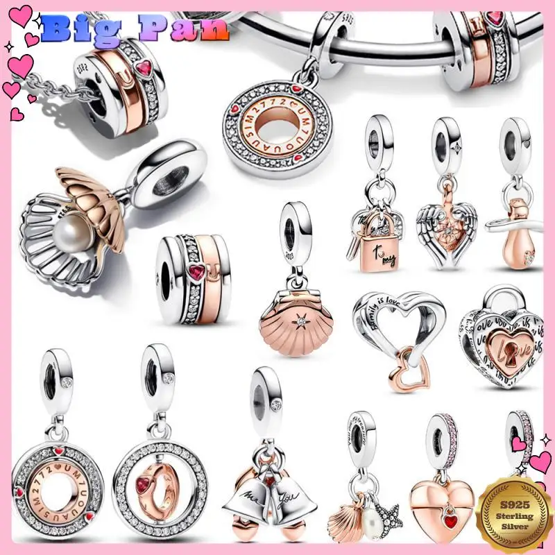 

Authentic 925 Sterling Silver Rose Gold Bells Padlock Two-tone Openwork Mum Sea Shell & Pearl Dangle Charm Fit Moment Bracelet