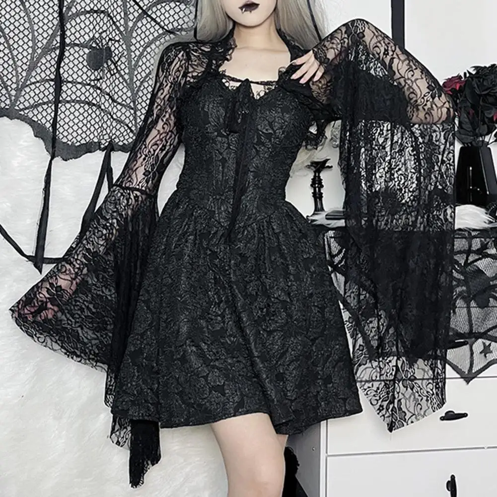 

Stylish Women Cardigan Elegant Vintage Black Lace T-shirt with Flared Sleeves Sexy See Through Smock Top Cropped for Women