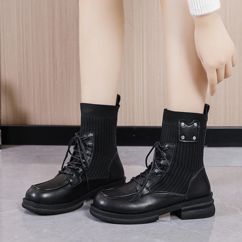 Chaussons d'hiver à lacets pour femmes, bottes de rinçage pour femmes, chaussures de style punk, bottes courtes à talon moyen, mode, nouveau, 2024