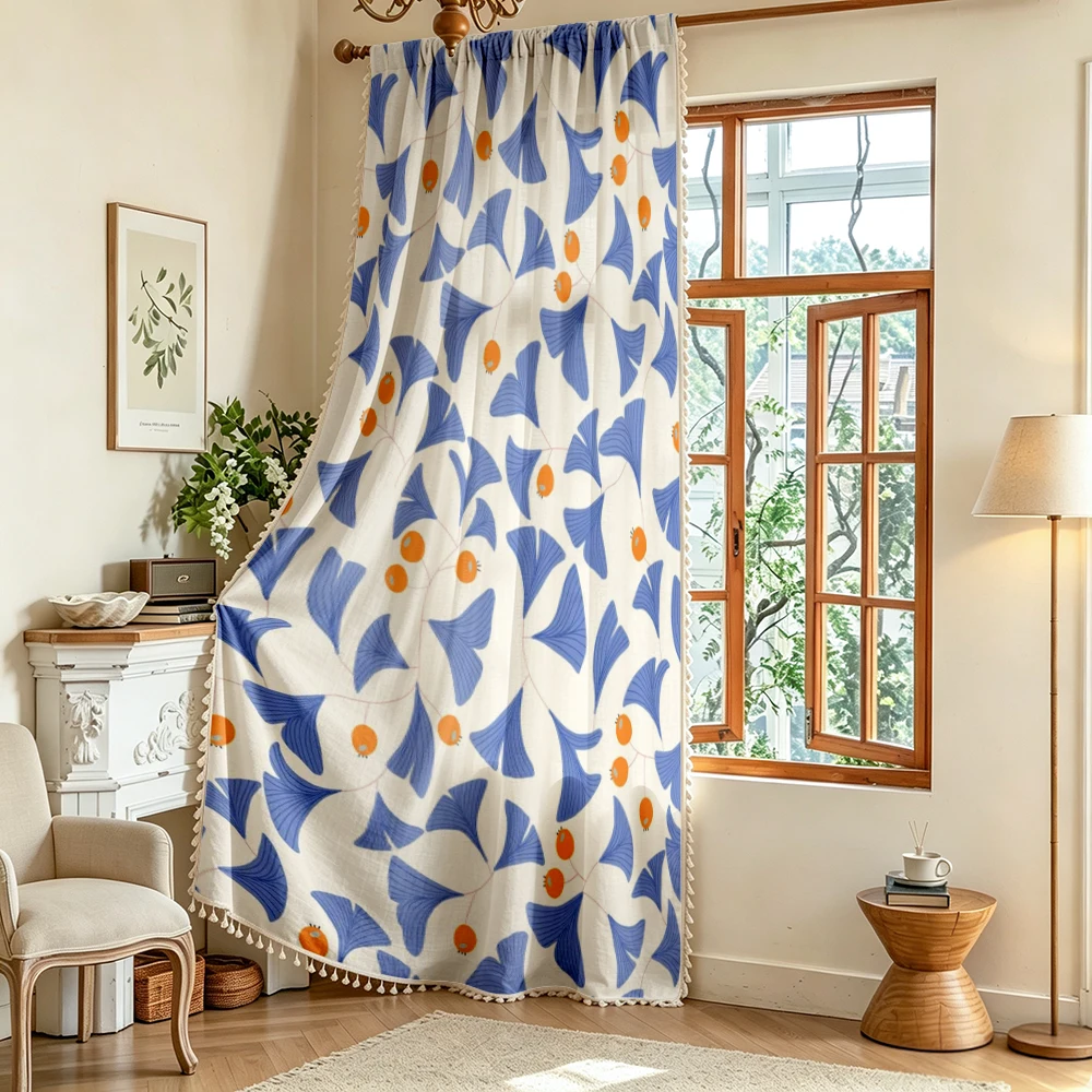 1PC Plant Tassel Sheer Curtains, Ginkgo Leaf Berry, Digital Print, Linen Polyester, Bedroom Living Room Kitchen, Home Decor