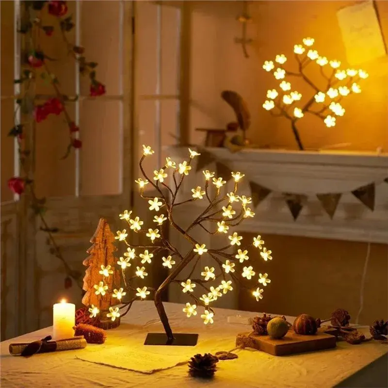 LED Table Lamp Bedroom Bedroom Bedside Hotel Shop Home Desktop Room Cherry Blossom Tree Light Festival Decor-AT36