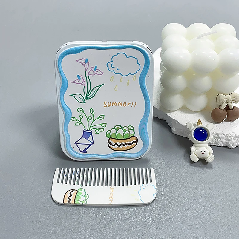 Vaso di fiori del fumetto specchio per il trucco pieghevole specchio tascabile portatile specchio per il trucco cosmetico rettangolare da donna con pettine