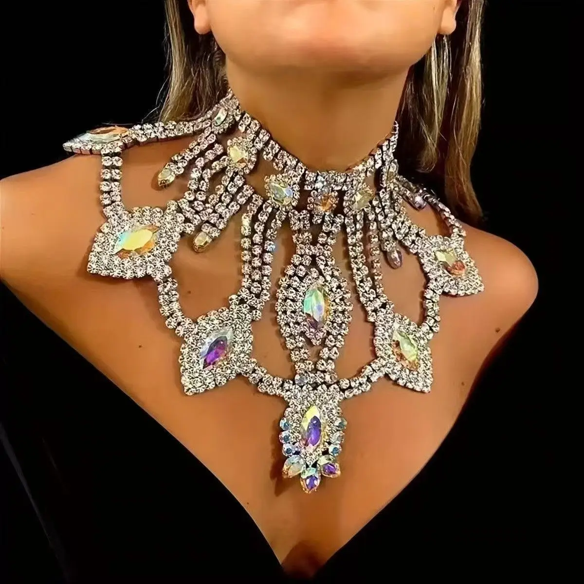 Fashion Exaggeration Multilayer Rhinestone Chunky Chain Heavy Crystal Choker Statement Necklaces for Women Charm Pendant Jewelry