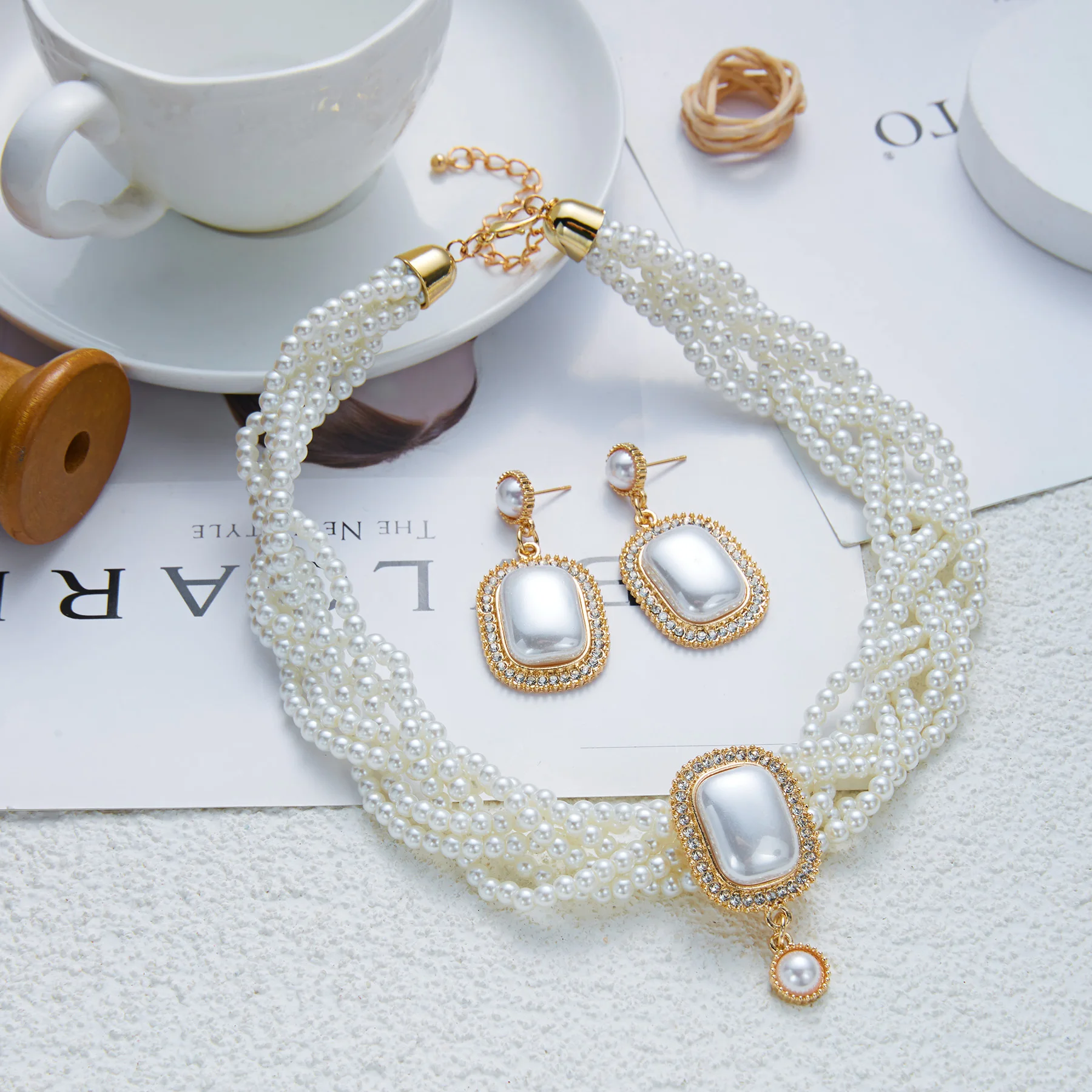 Women's Elegant Imitation Pearl Multi Strands Twisted Necklace Earring Set