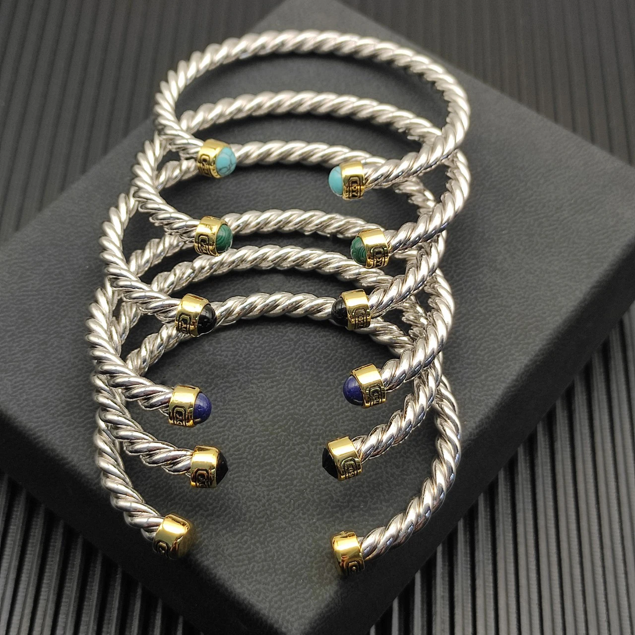 

New S925 Sterling Silver 6MM Newline Cuffs Gem Tropical Bracelet Neutral Fashion Personality Classic Trend Retro Luxury Jewelry