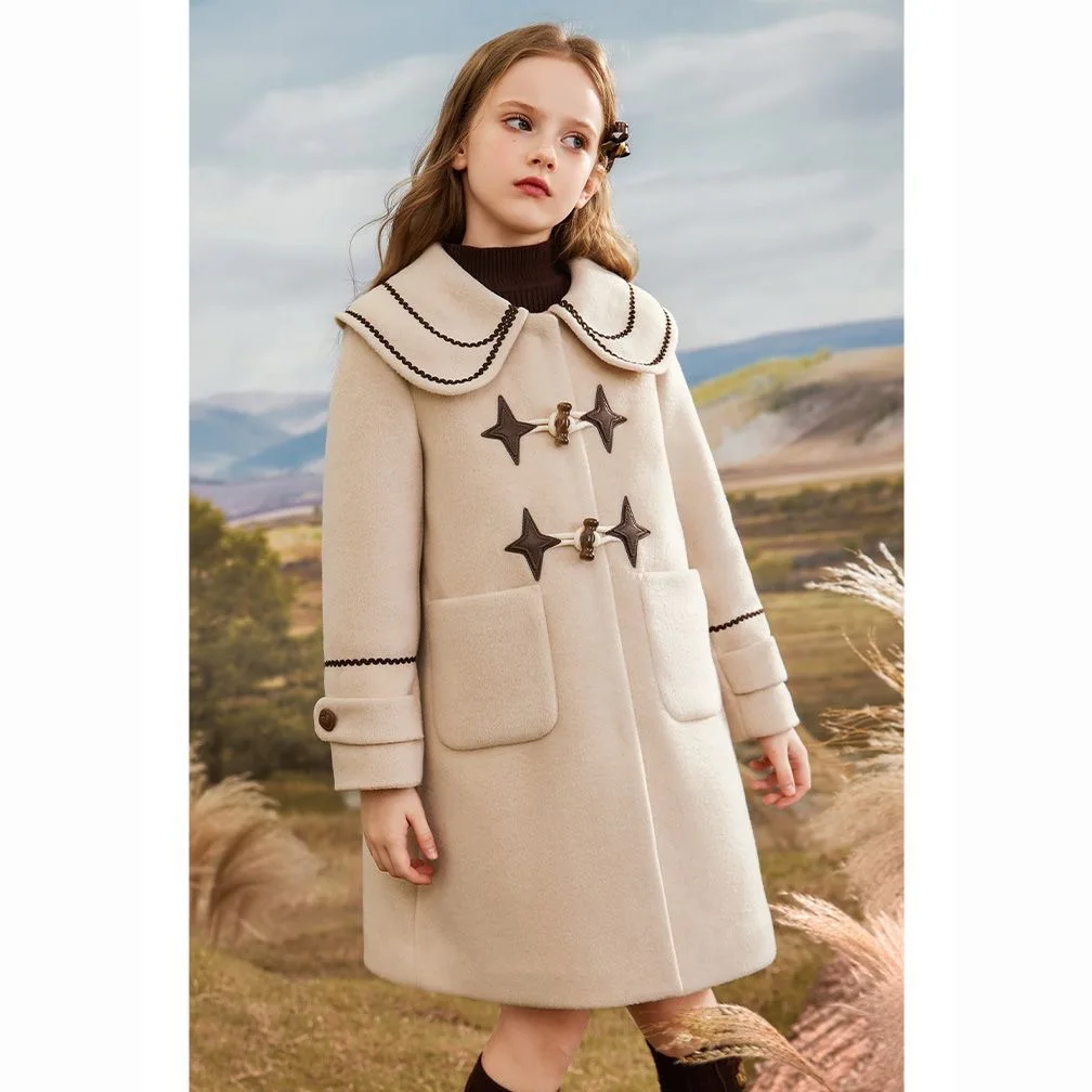 

Girls Woolen Coat Overcoat Jacket Windbreak 2023 Vintage Warm Plus Thicken Winter Cotton Tracksuit Sport Children's Clothing