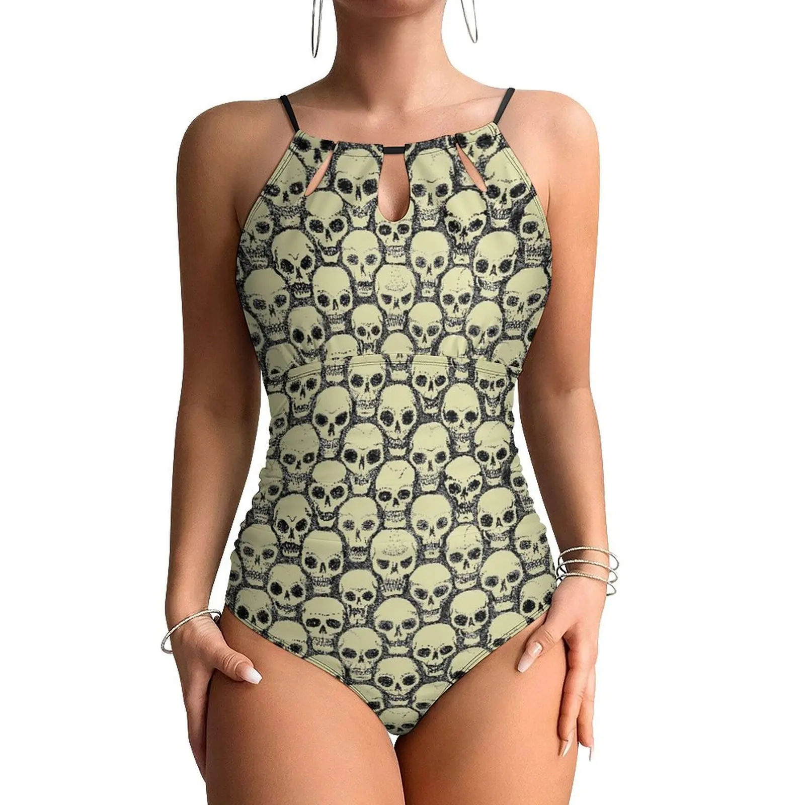 Funny Skull Swimsuit Gothic Print Swimwear One-Piece Holiday Bodysuit High Cut Bathing Suits Female Push Up Sexy Beach Outfits