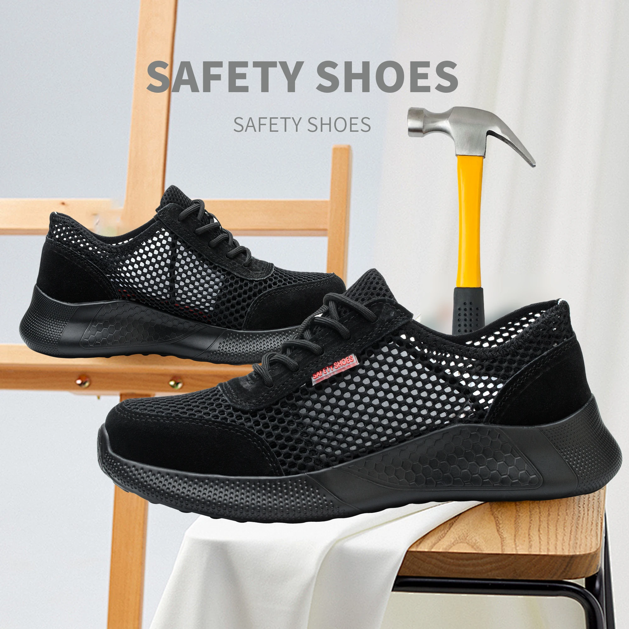 Breathable Men Work Shoes Summer Safety Shoes Lightweight Protective Sneakers Safety Steel Toe Shoes Men Puncture-Proof boots