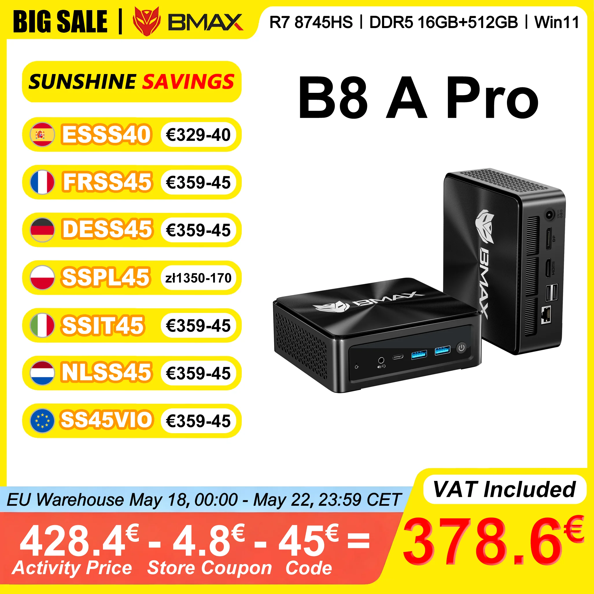 BMAX B8 A Pro Mini PC AMD Ryzen 7 8745HS 16GB DDR5 4800MHz RAM 512GB NVMe SSD Windows 11 WiFi 6 prend en charge 4K @ 60Hz AMD Radeon 780M