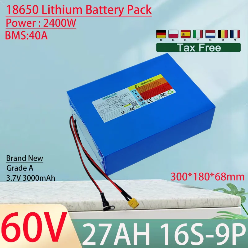 60V 27Ah 18650 16S9P Lithium Ion Battery Pack 2400W Power Tool Batteries Outdoor Backup Batteries With 40A BMS+67.2V 5A charger