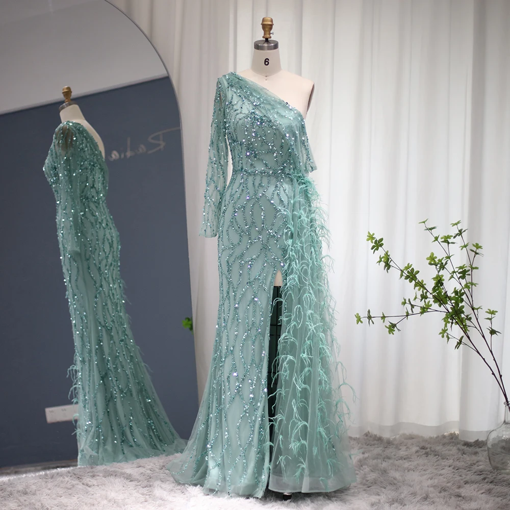 

Sharon Said Feathers Sage Green Evening Dresses Overskirt Pink One Shoulder Prom Dress for Women Wedding Party SS046L Customized