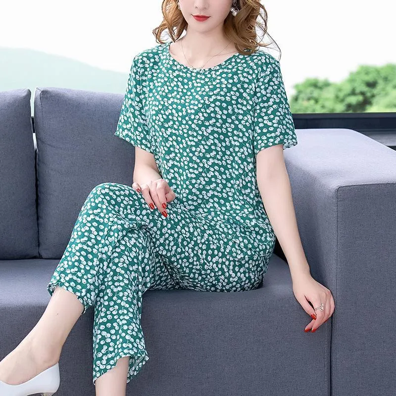 Casual Suit Women\'s 2023 Spring Summer New Solid Color Cotton Silk Pants Suit Blouses Short-sleeve Tops Mother Two Piece Sets