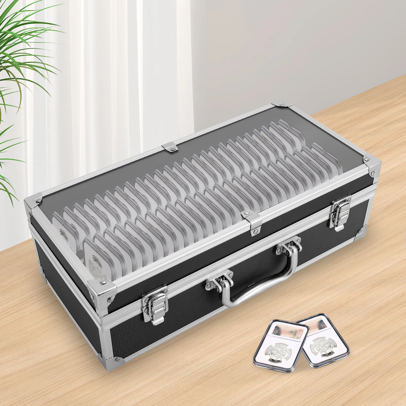 

Черная коробка для хранения монет на 50 слотов — вмещает 50 плит для монет, прочный органайзер для сбора монет для легкой транспортировки и защиты