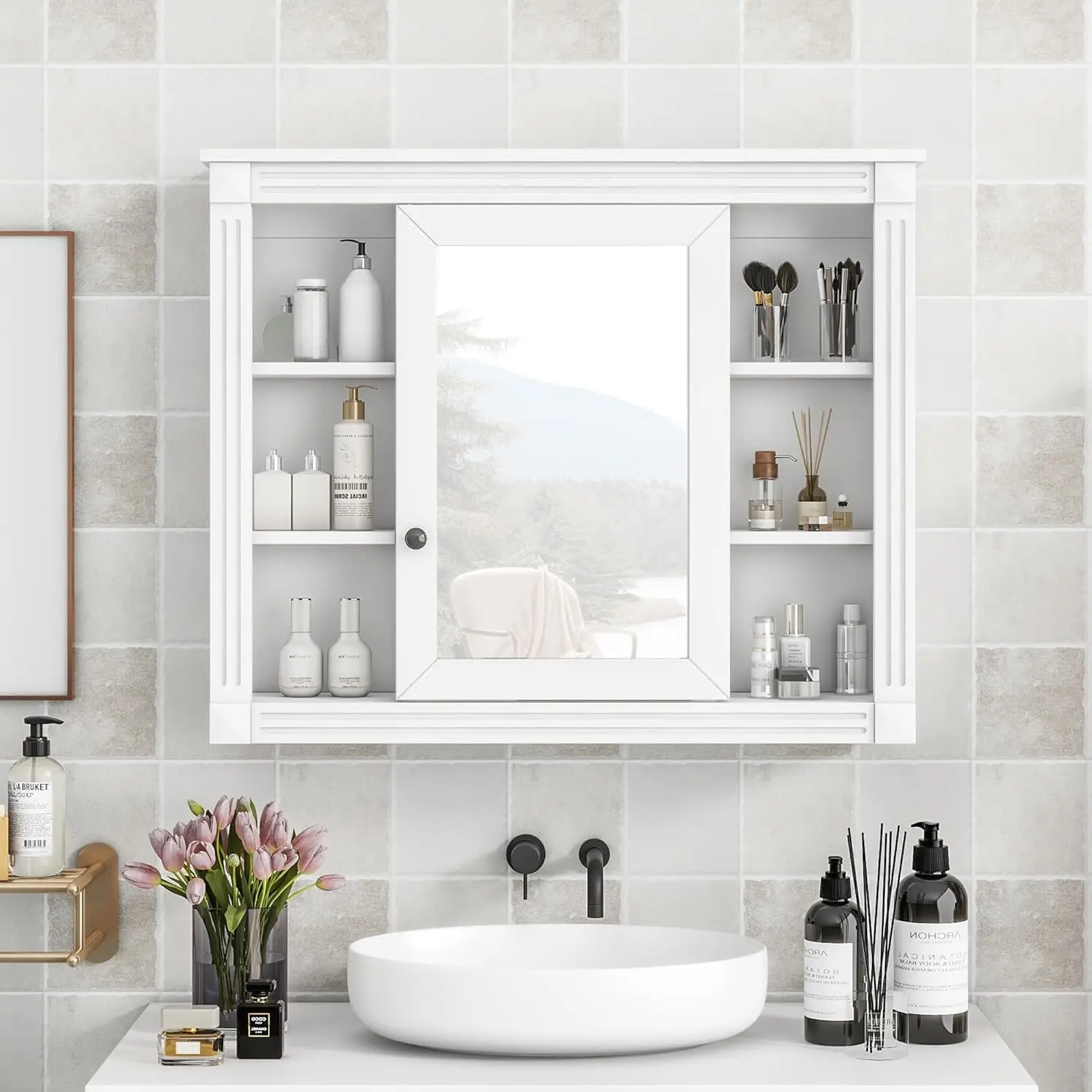 Bathroom Medicine Cabinet with Mirror, Wall Mounted Over Toilet Storage Cabinet Organizer with Doors and Shelves