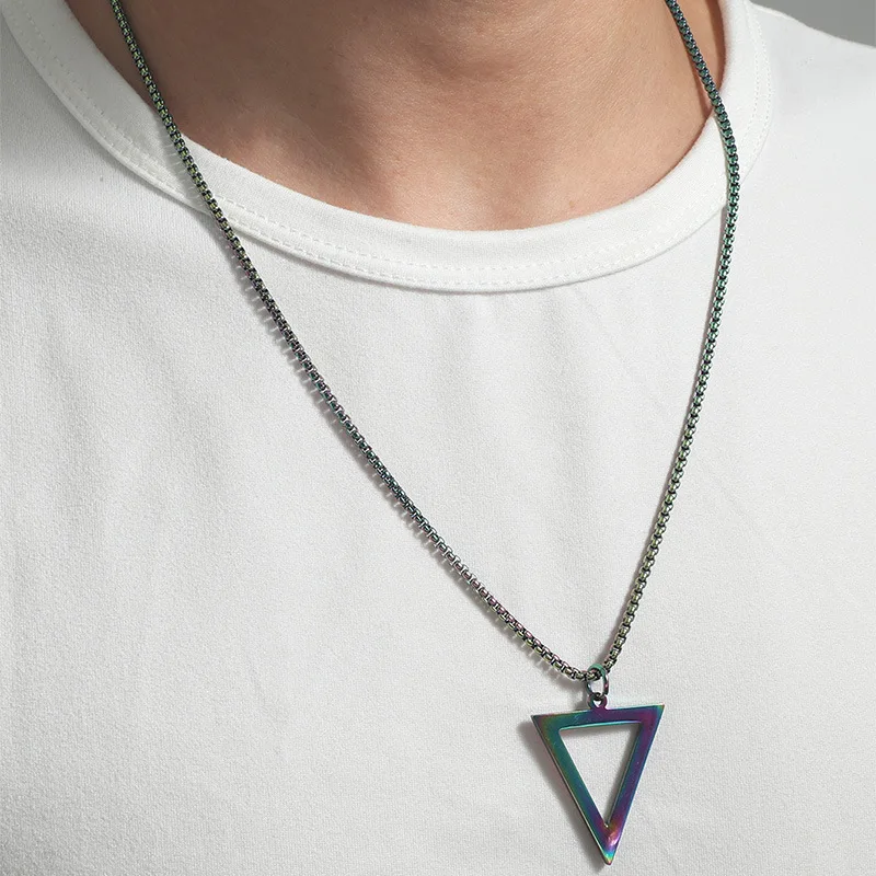 HNSP Stainless Steel Inverted Triangle Pendant Chain Necklace For Men Cool Simple Jewelry Accessories