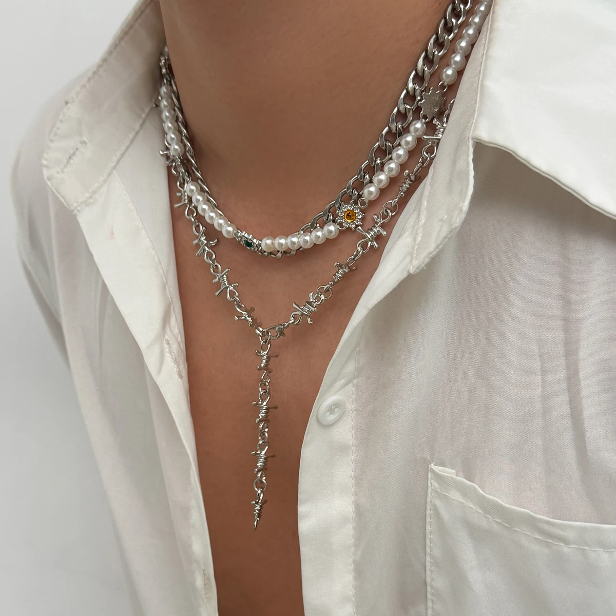 

KunJoe 3 Pcs/Set Gothic Multi Layer Metal Chain Necklace for Men Hip Hop Imitation Pearl Beads Choker Necklace Trendy Jewelry