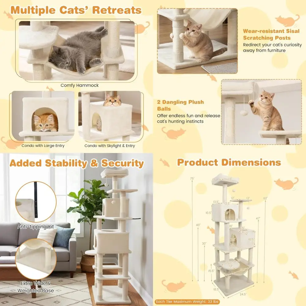 

Высокая кошачья лежанка-башня для дома (75 см) с сизалевым столбом, мягкой лежанкой, двумя домиками, гамаком, игрушками-мячами и платформами для лазания