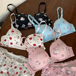 Sanrio Hello Kitty Cartoon Bra Kawaii Sweet Anime French Sexy Anti Sagging Beach Cotton Bikini Underwear Suit Girl Birthday Gift