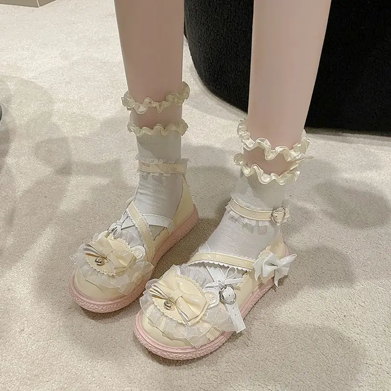 Japanese Original Sweet Lolita Style Flats Kawaii Lace Bow Decorative Platform Mary Jane Shoes College Style Y2K Tea Party Shoes