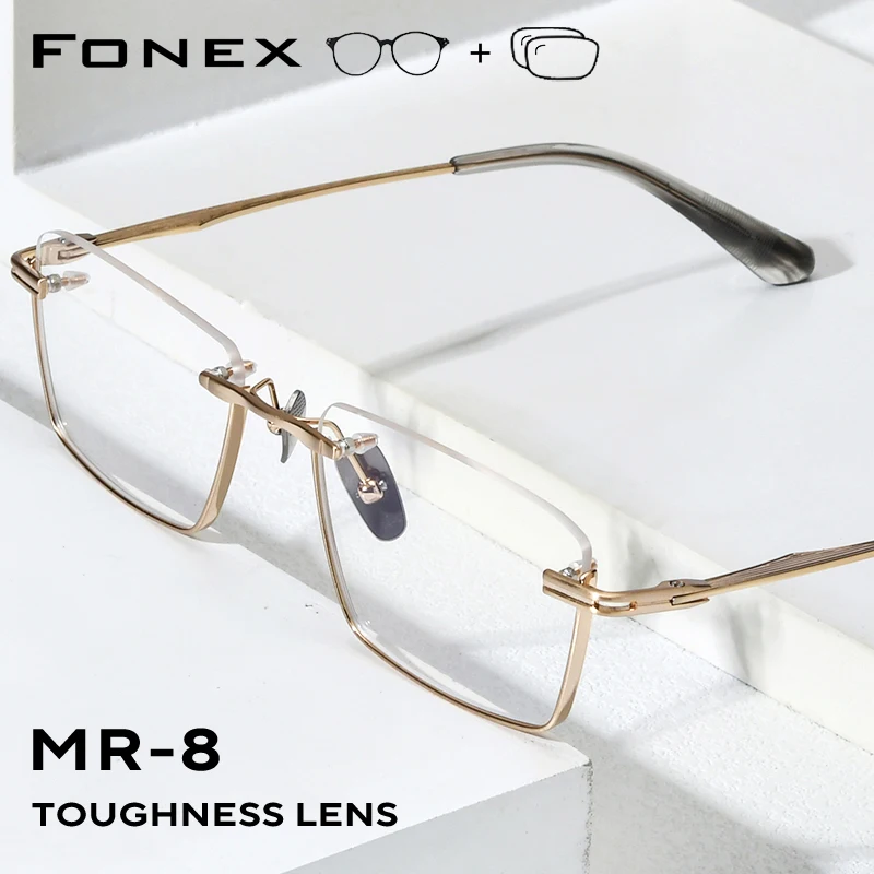 FONEX Progressive Prescription Glasses Myopia Optical Lens Eyewear Men Square Semi-Rimless Titanium Eyeglasses Frames DTX416