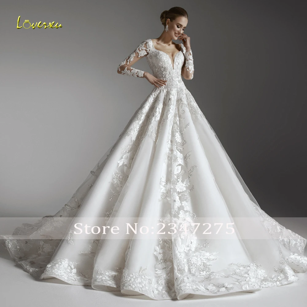 Loverxu a linha chique vestidos de casamento com decote em v manga longa vestido de novia rendas apliques sem costas delicado feito sob encomenda vestido de noiva