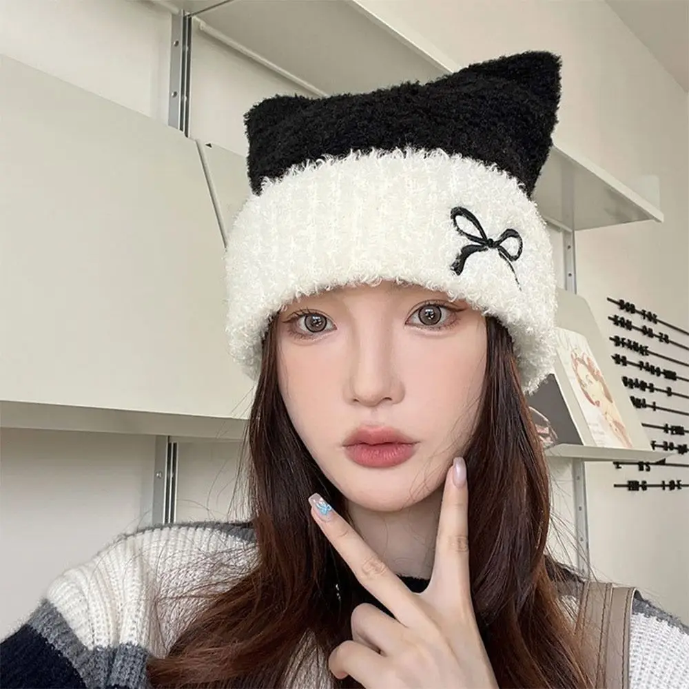 New Design Casual Bow Burr Knitted Hat Warm Windproof Windproof Ear Protection Cap Multicolor Pullover Hat Teenage Girls