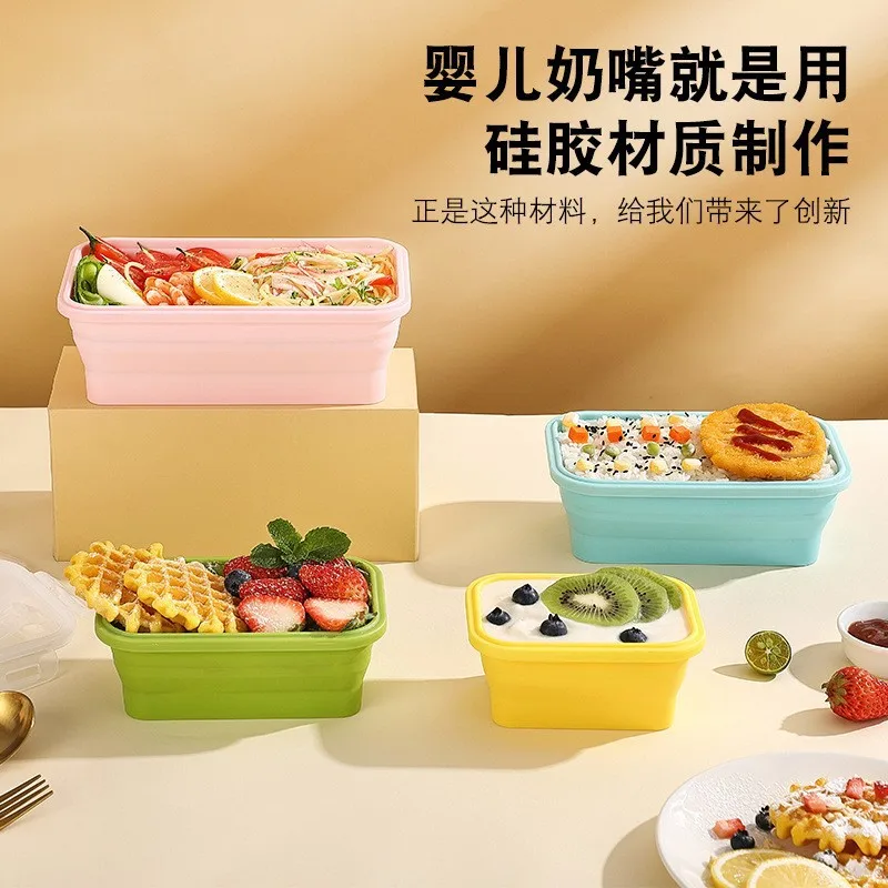 4Sizes Silicone Collapsible Lunch Box Food Storage Container Colorful Microwavable Portable Picnic Camping Rectangle Outdoor Box