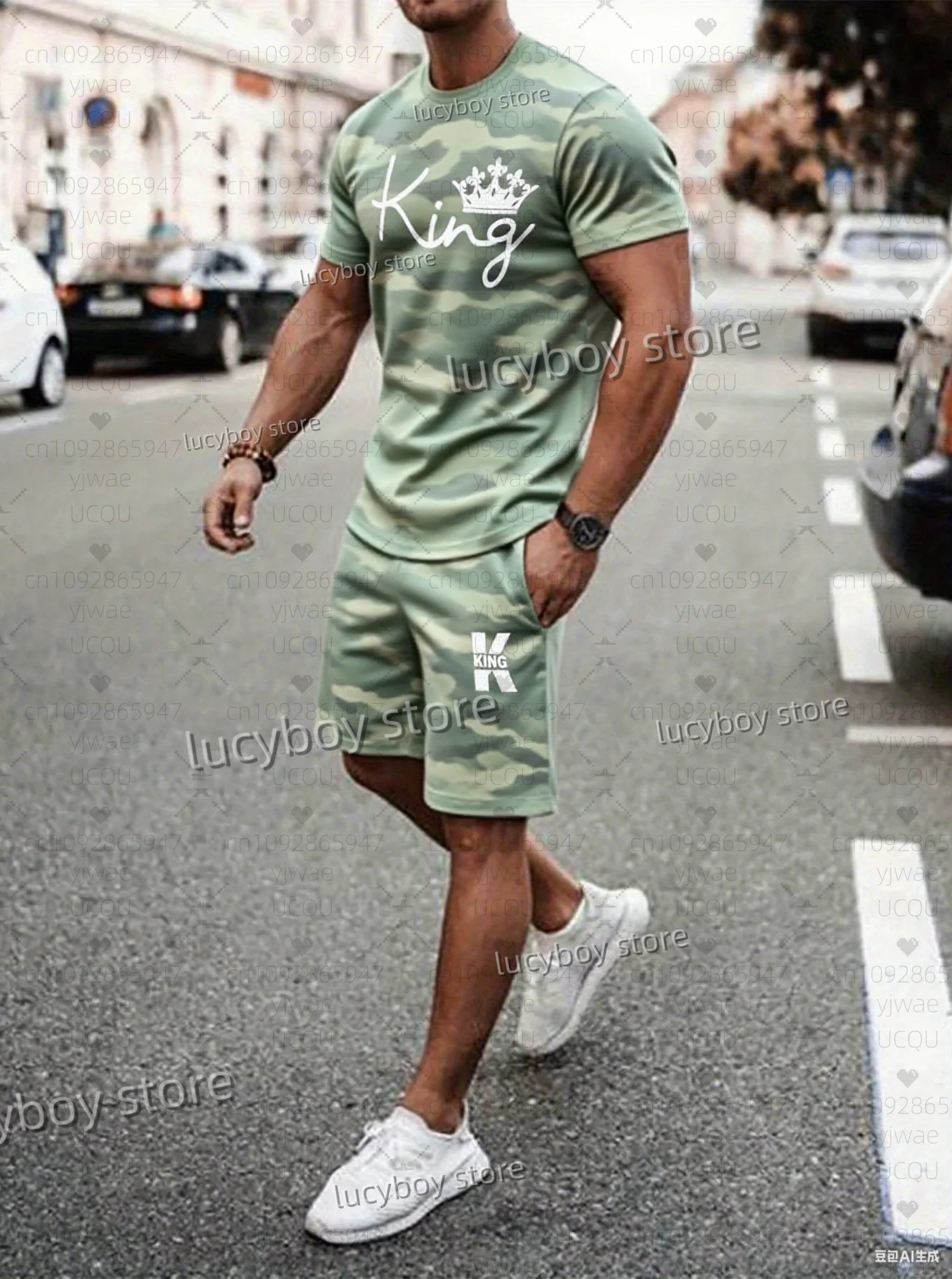 Summer Men 3D Camouflage KING  Print Set Short Sleeve T-Shirt Shorts Set Adult Sport Jogging Plus Size Tracksuit 2 Piece Set