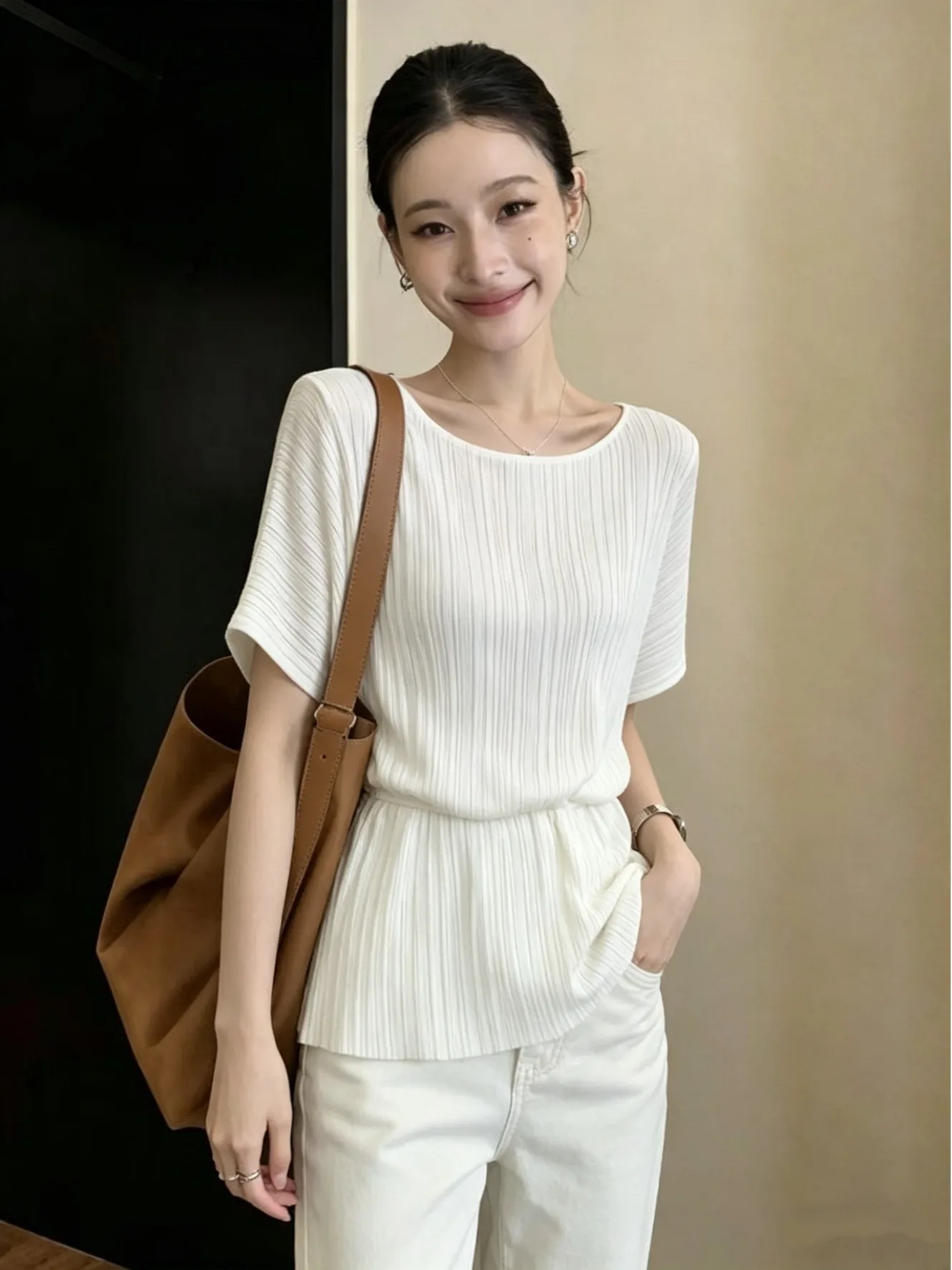 

Summer 2026 plus Size Loose Knitwear round Neck Drawstring Waist Slimming Meat Covering Women's Top Elegant Style Short Sleeve