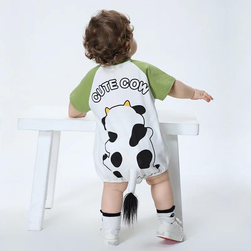 

Summer Infant Baby Clothes Boys Girl Bodysuit Korean Cow Cartoon Kawaii Tail Short Sleeve Romper Onesie Newborn Baby Jumpsuits