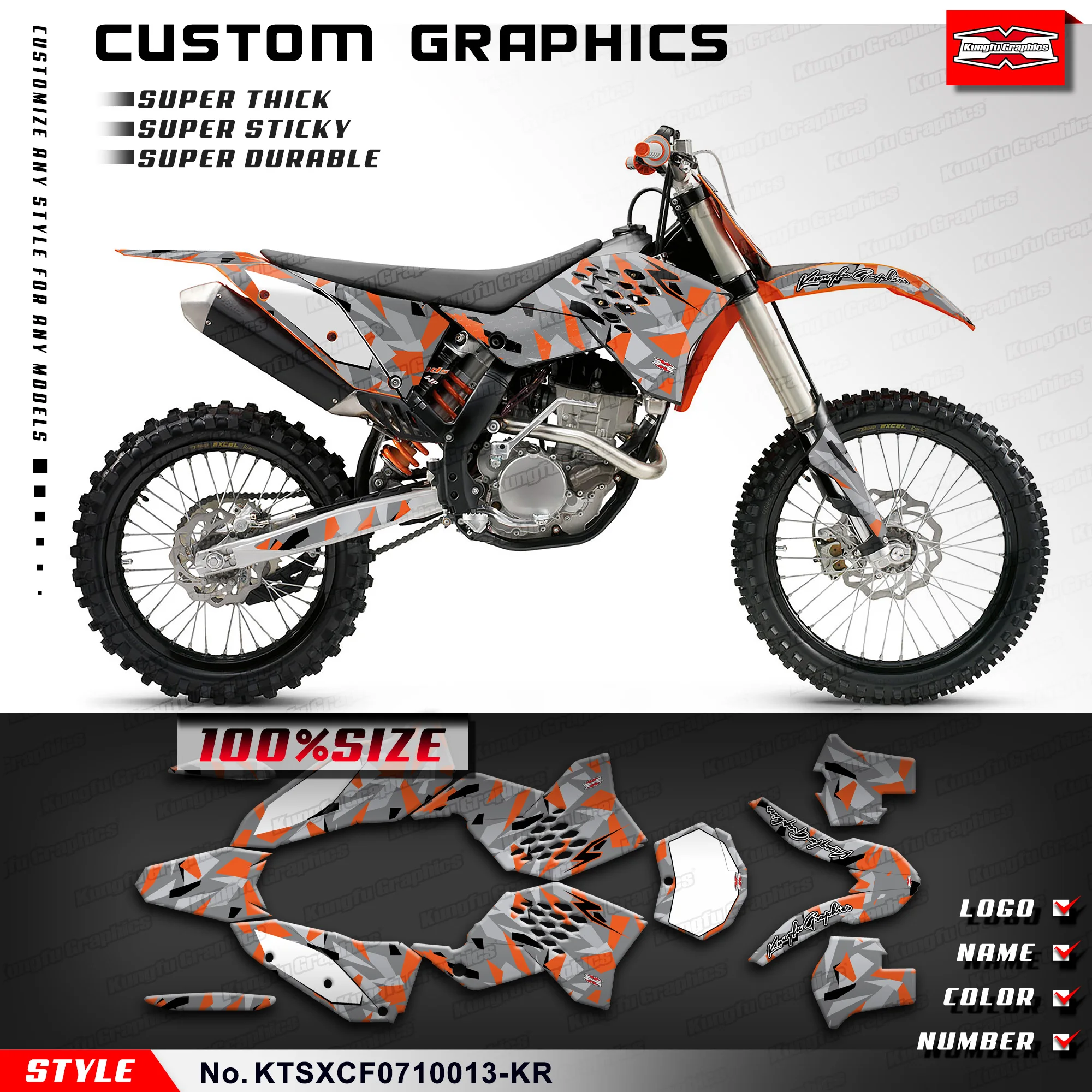 

KUNGFU GRAPHICS MX Decal Heatproof Sticker Kit for SX SXF XC XCF 125-505 2007 2008 2009 2010, Orange Gray, KTSXCF0710013-KR